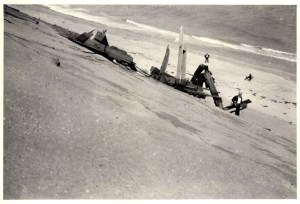 Marconi Towers tumbling down the dune. Possibly Fred Parsons photo